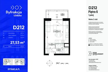 Rzut - Mieszkanie na sprzedaż 1 pokój o powierzchni 27,53 m² - numer D212 w Dyfrakcja Łódzka - bud. CD