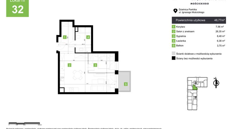 Rzut - Mieszkanie na sprzedaż 2 pokoje o powierzchni 48,77 m² - numer M32 w Nowa Częstochowa Mościckiego
