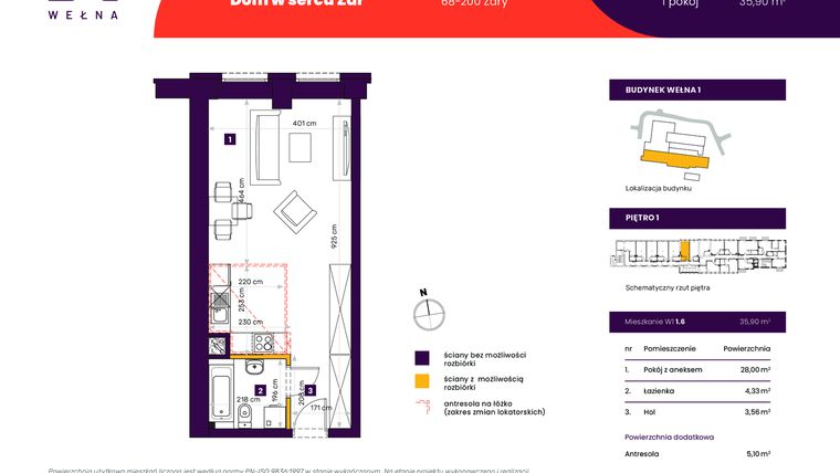 Rzut - Mieszkanie na sprzedaż 1 pokój o powierzchni 35,9 m² - numer 1_1.6 w Wełna. Dom w sercu Żar