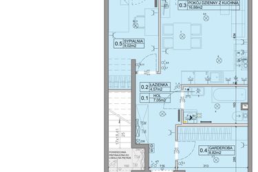 Rzut - Mieszkanie na sprzedaż 3 pokoje o powierzchni 46,34 m² - numer 75 w Manufaktura Marki 2 etap III