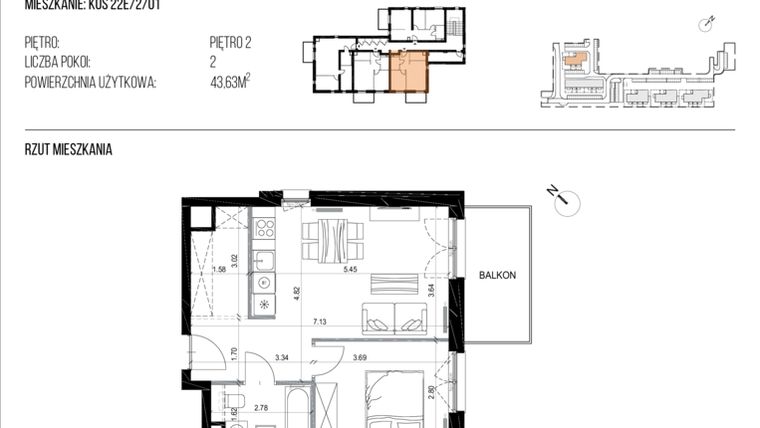 Rzut - Mieszkanie na sprzedaż 2 pokoje o powierzchni 43,72 m² - numer 22E/9 w Osiedle Naturama