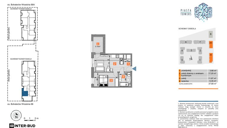 Rzut - Mieszkanie na sprzedaż 2 pokoje o powierzchni 37,89 m² - numer 86.22 w Piasta Towers bud. 86 i 86A