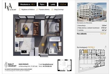 Rzut - Mieszkanie na sprzedaż 1 pokój o powierzchni 37,27 m² - numer M2.1 w La Vie Art
