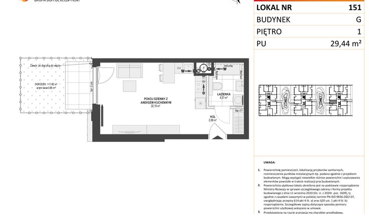 Rzut - Mieszkanie na sprzedaż 1 pokój o powierzchni 29,44 m² - numer G.151 w DOKI etap II (bud. G)