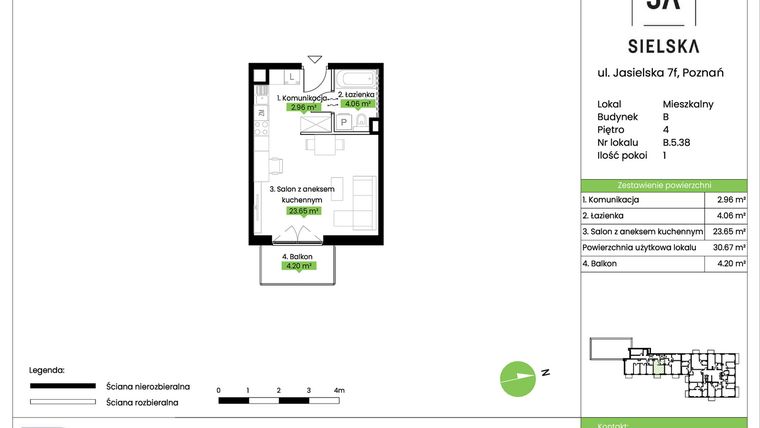 Rzut - Mieszkanie na sprzedaż 1 pokój o powierzchni 30,67 m² - numer B.5.38 w JA_SIELSKA V