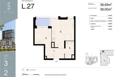 Rzut - Mieszkanie na sprzedaż 2 pokoje o powierzchni 38,69 m² - numer L27 w Sky Trust etap II - Apartamenty inwestycyjne