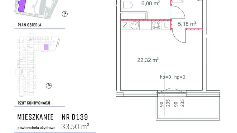 Rzut - Mieszkanie na sprzedaż 1 pokój o powierzchni 33,5 m² - numer D139 w Osiedle Impresja 2