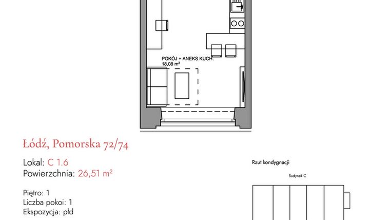 Rzut - Mieszkanie na sprzedaż 1 pokój o powierzchni 26,3 m² - numer C 1.6 w Melody Loft