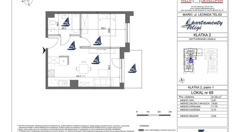Rzut - Mieszkanie na sprzedaż 2 pokoje o powierzchni 41,6 m² - numer 69 w Apartamenty Teligi