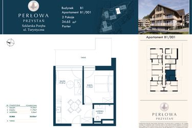 Rzut - Mieszkanie na sprzedaż 2 pokoje o powierzchni 34,65 m² - numer B1/001 w Perłowa Przystań - Szklarska Poręba