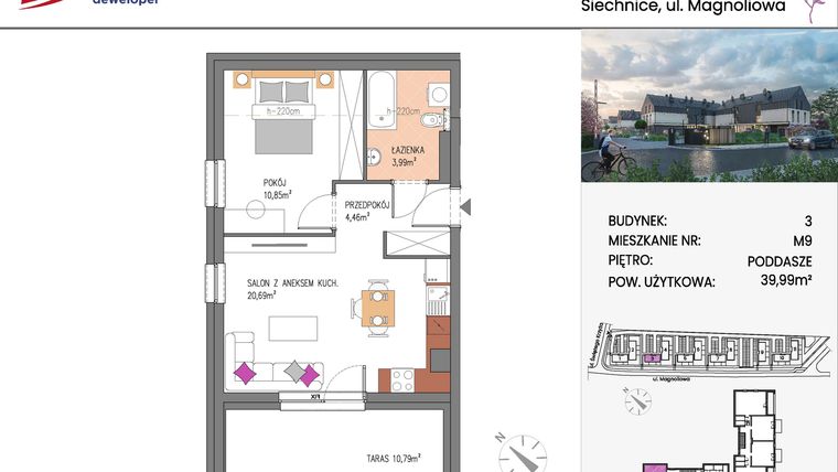 Rzut - Mieszkanie na sprzedaż 2 pokoje o powierzchni 39,99 m² - numer Bud.3-9 w Willa Magnolia