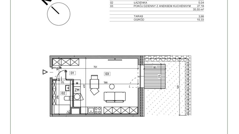 Rzut - Mieszkanie na sprzedaż 1 pokój o powierzchni 35,7 m² - numer I.M01 w Osiedle Glivia Zachodnia