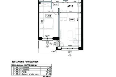 Rzut - Mieszkanie na sprzedaż 2 pokoje o powierzchni 42,99 m² - numer M11 w Miejska Premium II