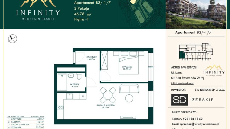 Rzut - Mieszkanie na sprzedaż 2 pokoje o powierzchni 46,78 m² - numer B3.-1.7 w Infinity Mountain Resort