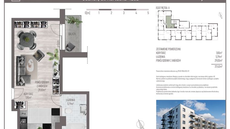 Rzut - Mieszkanie na sprzedaż 1 pokój o powierzchni 37,42 m² - numer M.C.21 w Cichy Zakątek