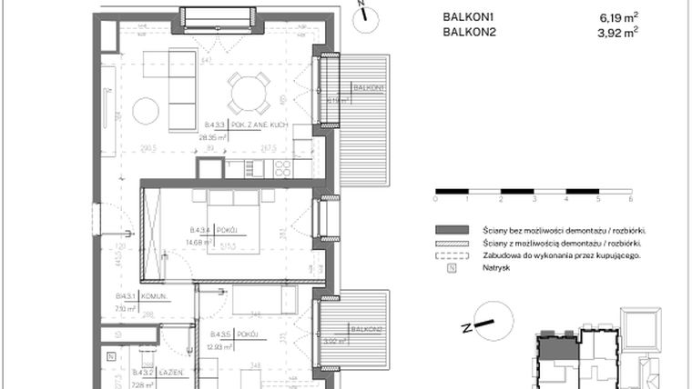 Rzut - Mieszkanie na sprzedaż 3 pokoje o powierzchni 70,91 m² - numer B.4.3 w Polanka 21