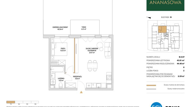 Rzut - Mieszkanie na sprzedaż 2 pokoje o powierzchni 44,4 m² - numer B.0.07 w Ananasowa