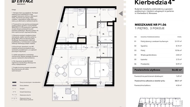 Rzut - Mieszkanie na sprzedaż 3 pokoje o powierzchni 56,82 m² - numer P1.06 w Kierbedzia 4