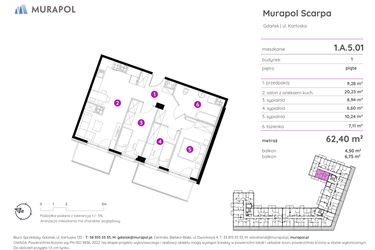 Rzut - Mieszkanie na sprzedaż 4 pokoje o powierzchni 62,4 m² - numer 1.A.5.01 w Murapol Scarpa