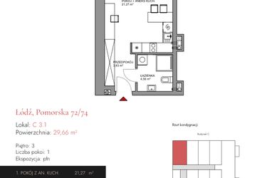Rzut - Mieszkanie na sprzedaż 1 pokój o powierzchni 29,66 m² - numer C 3.1 w Melody Loft