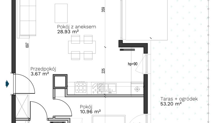 Rzut - Mieszkanie na sprzedaż 2 pokoje o powierzchni 47,71 m² - numer B-5 w Destino