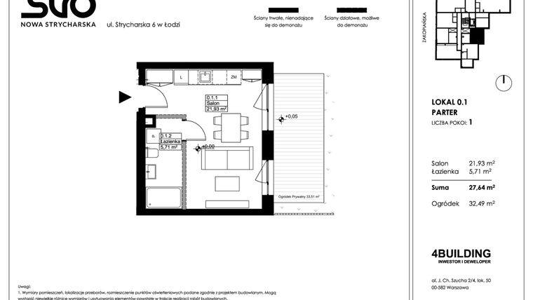Rzut - Mieszkanie na sprzedaż 1 pokój o powierzchni 27,64 m² - numer 0.1 w Nowa Strycharska | STR 6
