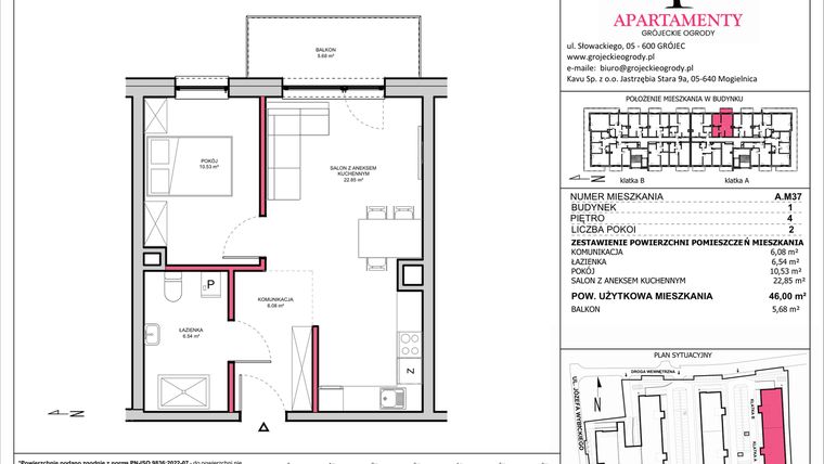 Rzut - Mieszkanie na sprzedaż 2 pokoje o powierzchni 46 m² - numer A.37 w Apartamenty Grójeckie Ogrody