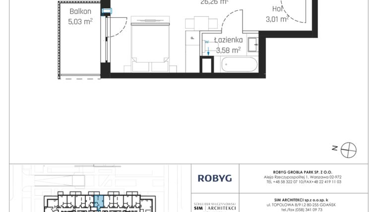 Rzut - Mieszkanie na sprzedaż 1 pokój o powierzchni 32,86 m² - numer J.2M21 w Nadmotławie Apartments etap J