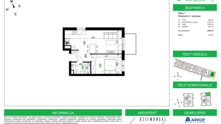 Rzut - Mieszkanie na sprzedaż 2 pokoje o powierzchni 40,66 m² - numer A/1/9 w Osiedle Parkowe Aleje etap III