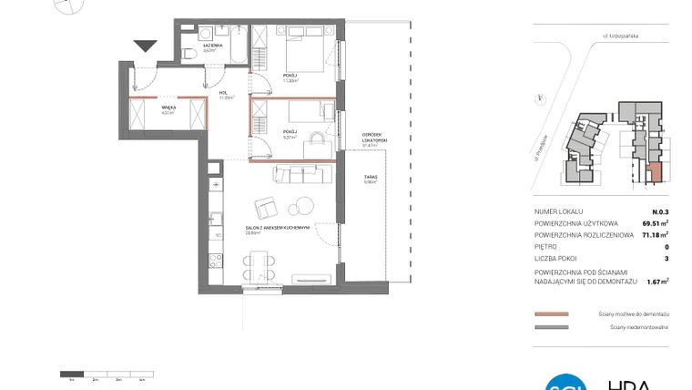 Rzut - Mieszkanie na sprzedaż 3 pokoje o powierzchni 71,19 m² - numer N.0.3 w Łopuszańska 47 - etap 4