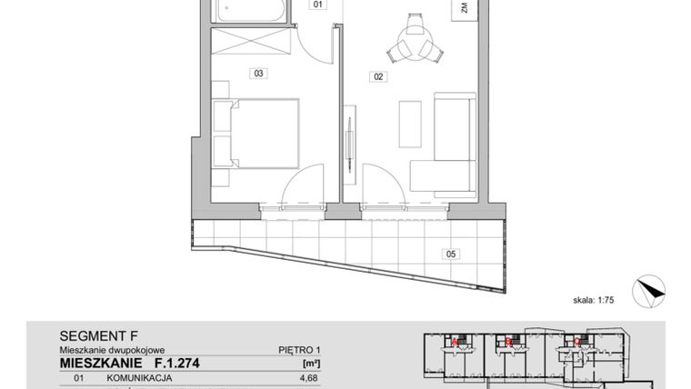 Rzut - Mieszkanie na sprzedaż 2 pokoje o powierzchni 41,71 m² - numer F.1.274 w ATAL Unii Lubelskiej