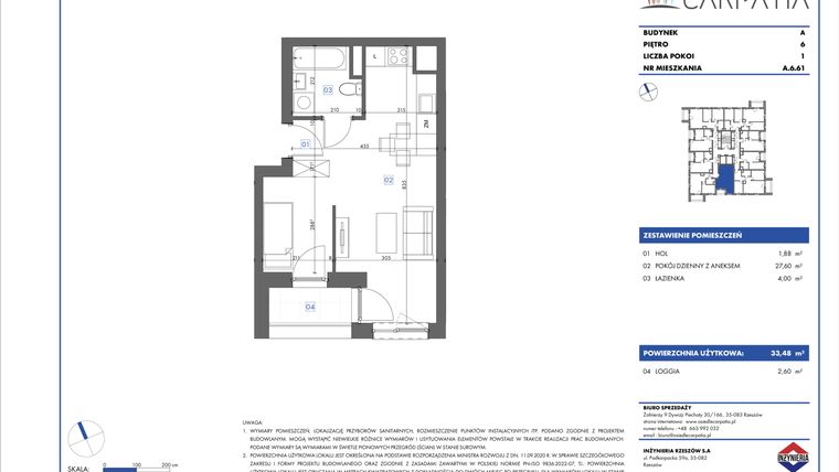 Rzut - Mieszkanie na sprzedaż 1 pokój o powierzchni 33,33 m² - numer A.6.61 w Osiedle Carpatia Etap III