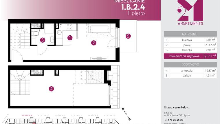 Rzut - Mieszkanie na sprzedaż 2 pokoje o powierzchni 45,77 m² - numer 1.B.2.4 w Maślice Wrocław Milo Dobry Deweloper etap IV