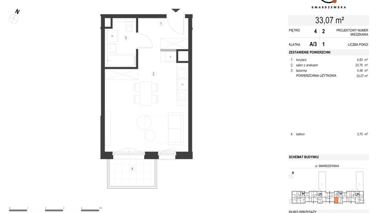 Rzut - Mieszkanie na sprzedaż 1 pokój o powierzchni 33,03 m² - numer A/3/4.2 w Smardzewska 8