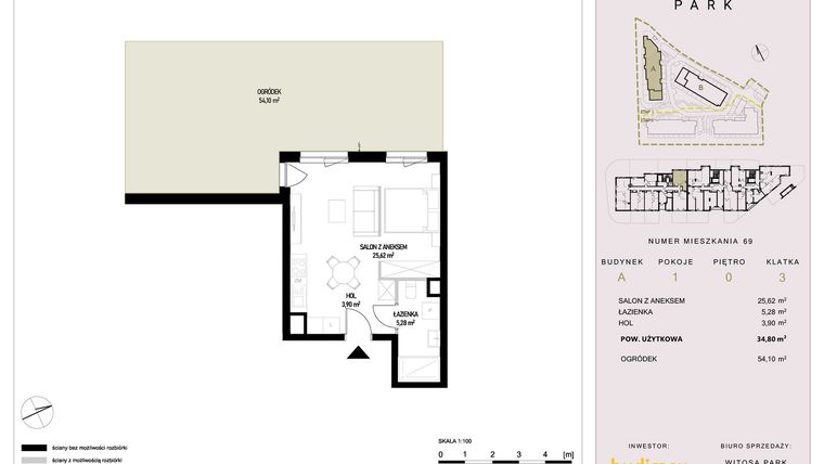 Rzut - Mieszkanie na sprzedaż 1 pokój o powierzchni 34,8 m² - numer A69 w Witosa Park