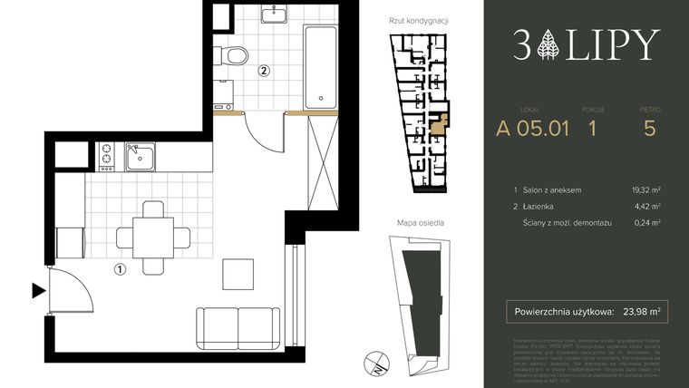 Rzut - Mieszkanie na sprzedaż 1 pokój o powierzchni 23,98 m² - numer A.05.01 w 3 lipy