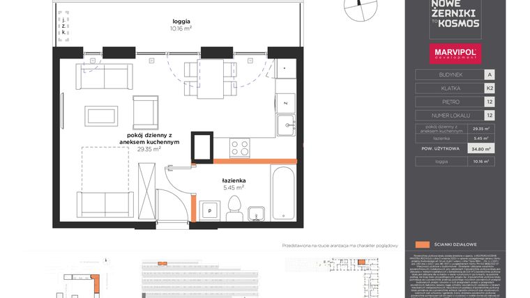 Rzut - Mieszkanie na sprzedaż 1 pokój o powierzchni 34,8 m² - numer A-12-12-K2 w Nowe Żerniki to KOSMOS