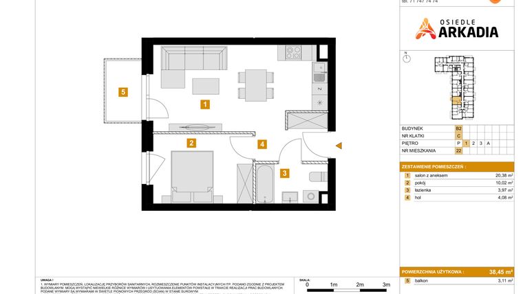 Rzut - Mieszkanie na sprzedaż 2 pokoje o powierzchni 38,45 m² - numer 22 w Osiedle Arkadia