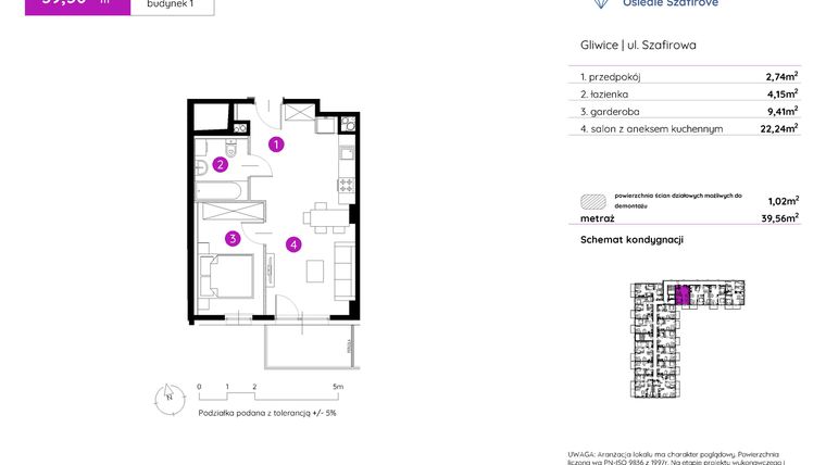 Rzut - Mieszkanie na sprzedaż 1 pokój o powierzchni 39,56 m² - numer 1.A.5.16 w Murapol Osiedle Szafirove II