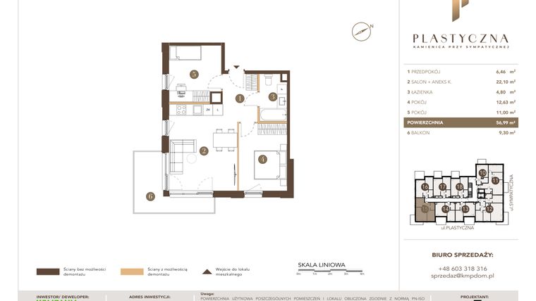 Rzut - Mieszkanie na sprzedaż 3 pokoje o powierzchni 56,99 m² - numer PK-LM-15 w Plastyczna Kamienica przy Sympatycznej