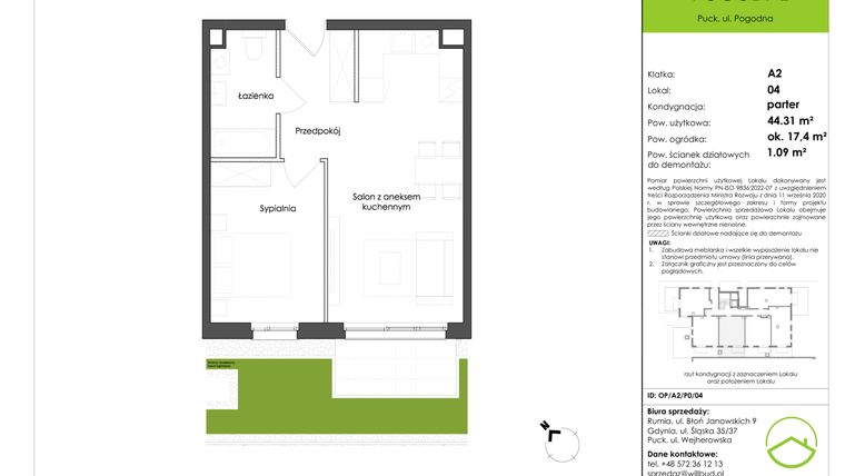 Rzut - Mieszkanie na sprzedaż 2 pokoje o powierzchni 44,31 m² - numer OP/A2/P0/04 w Osiedle Pogodne etap I