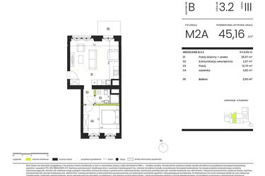 Rzut - Mieszkanie na sprzedaż 2 pokoje o powierzchni 45,16 m² - numer B.3.2 w Ogrody Staromiejskie