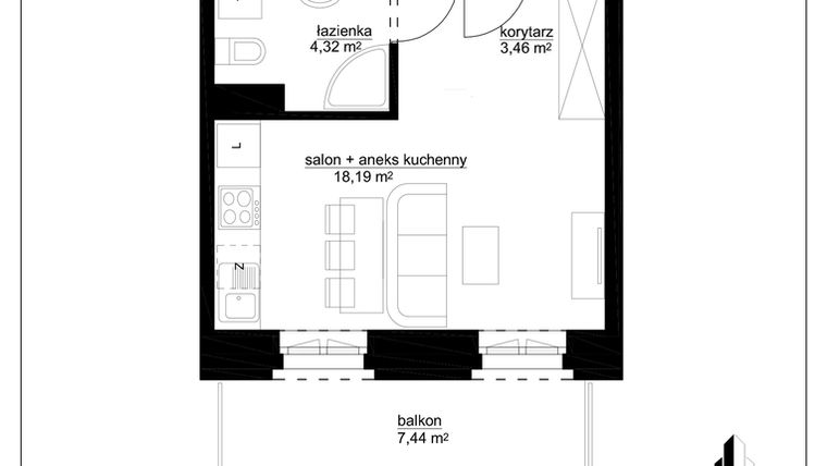 Rzut - Mieszkanie na sprzedaż 1 pokój o powierzchni 25,97 m² - numer A 5 w Kopernika 15