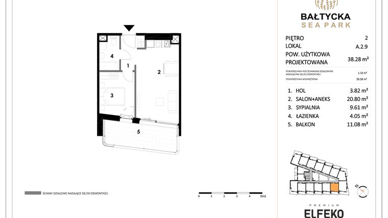 Rzut - Mieszkanie na sprzedaż 2 pokoje o powierzchni 38,28 m² - numer A.2.9 w Bałtycka Sea Park