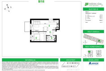 Rzut - Mieszkanie na sprzedaż 2 pokoje o powierzchni 40,68 m² - numer B/1/6 w Osiedle Parkowe Aleje etap III