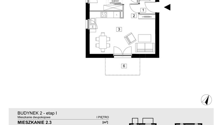 Rzut - Mieszkanie na sprzedaż 2 pokoje o powierzchni 43,47 m² - numer 2.3 w Jasieny