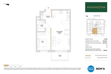 Rzut - Mieszkanie na sprzedaż 2 pokoje o powierzchni 54,7 m² - numer C.2.04 w Ananasowa