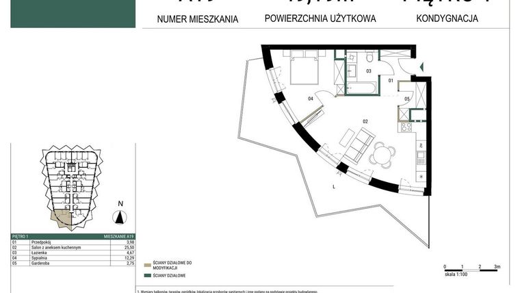 Rzut - Mieszkanie na sprzedaż 2 pokoje o powierzchni 49,19 m² - numer A19 w Drago
