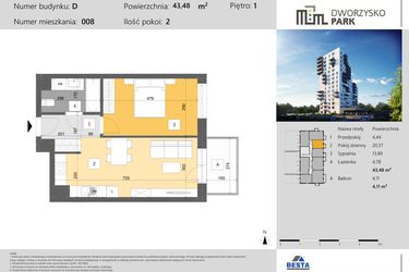 Rzut - Mieszkanie na sprzedaż 2 pokoje o powierzchni 43,48 m² - numer 8 w Dworzysko Park - Etap III