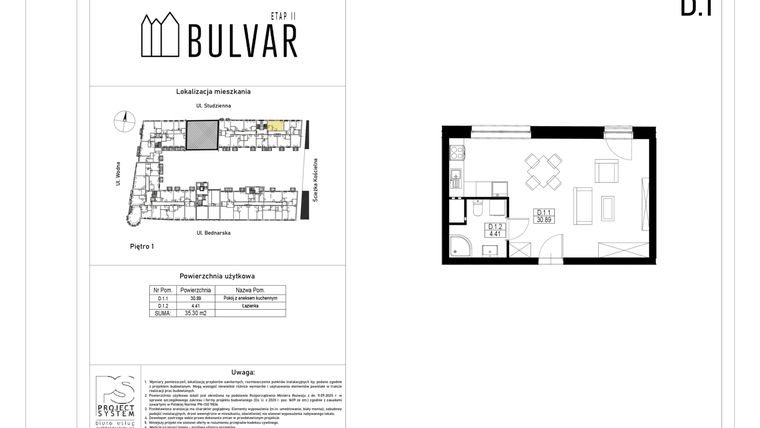 Rzut - Mieszkanie na sprzedaż 1 pokój o powierzchni 35,3 m² - numer D1 w Bulvar etap II